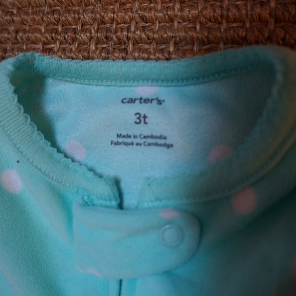 Girls Size 3T Carter's Aqua/White Polka Dot 1-piece Flannel PJs - Picture 2 of 2